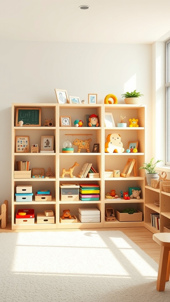 Open shelving in a Montessori room filled with toys, books, and learning materials.