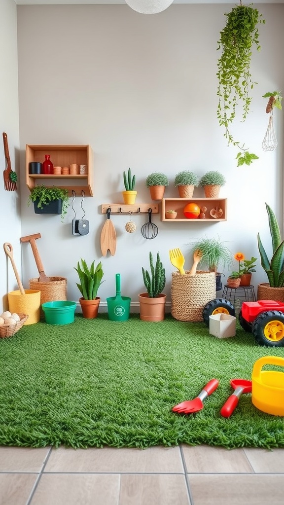 A colorful toddler playroom with green grass-like rug, pots, and gardening tools.