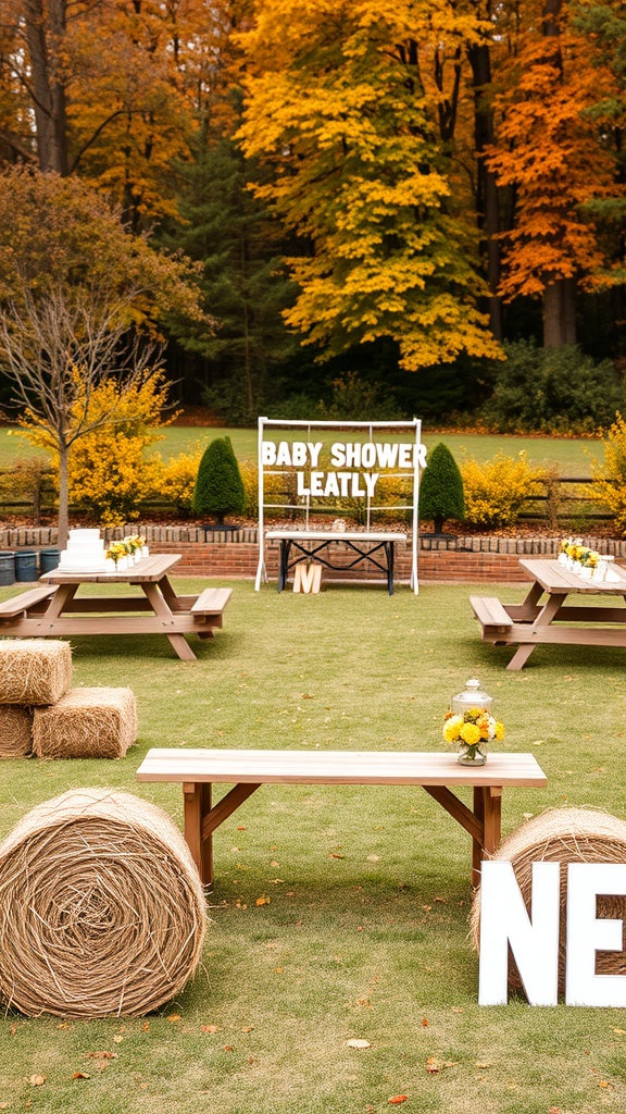 Outdoor baby shower setup with picnic tables, hay bales, and autumn leaves