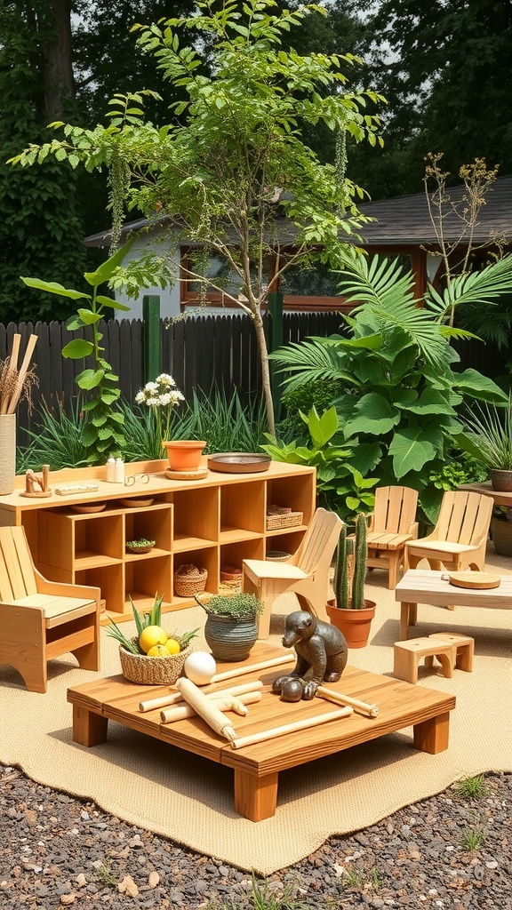 A cozy outdoor learning space with wooden furniture, plants, and a low table for children.