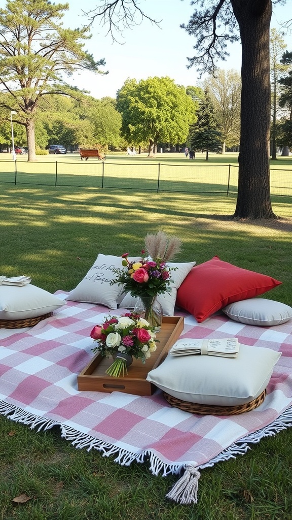 Cozy outdoor picnic setup with a blanket, pillows, flowers, and books.