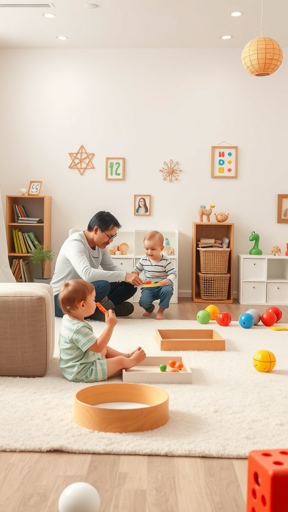 A parent interacting with two toddlers in a bright and colorful playroom filled with toys.