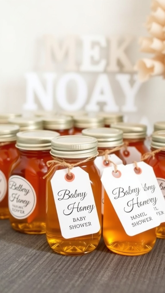 Jars of honey with labels saying 'Baby Honey' for a baby shower favor.