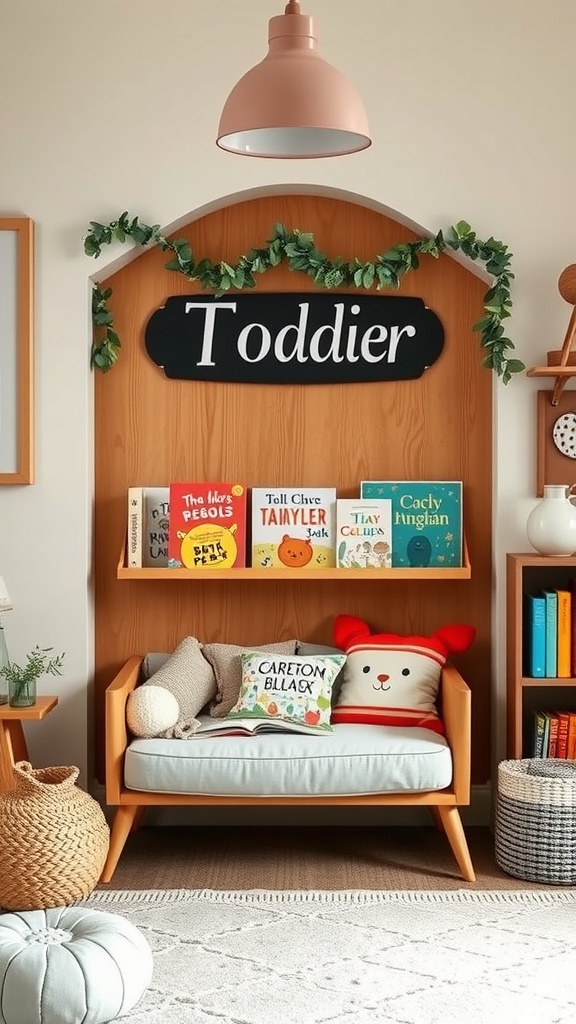 A cozy toddler reading nook with a personalized book display and comfortable seating.