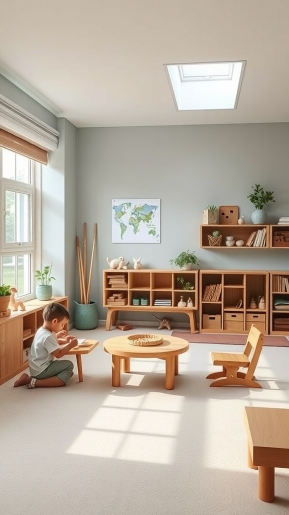 A bright Montessori classroom with a child engaged in a learning activity at a small table, surrounded by simple wooden furniture and educational materials.