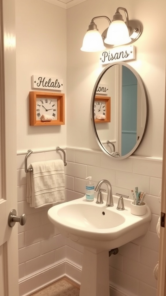 A toddler bathroom featuring personalized name signs above a mirror.