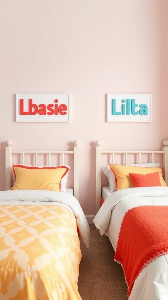 Personalized name wall art above two beds in a shared room for babies and toddlers.