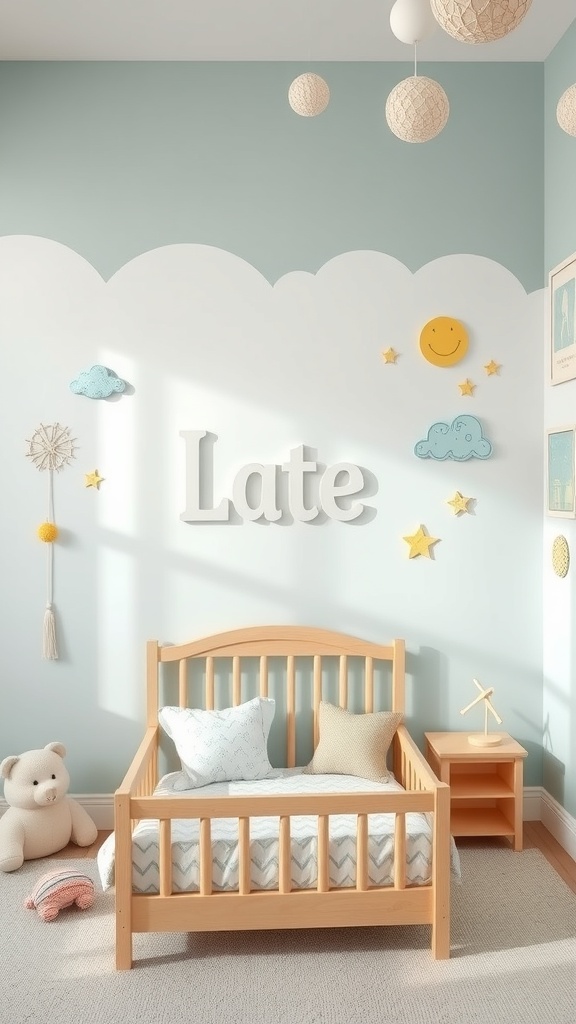 A toddler room featuring personalized wall art with the word 'Late' and decorative clouds, stars, and a sun.