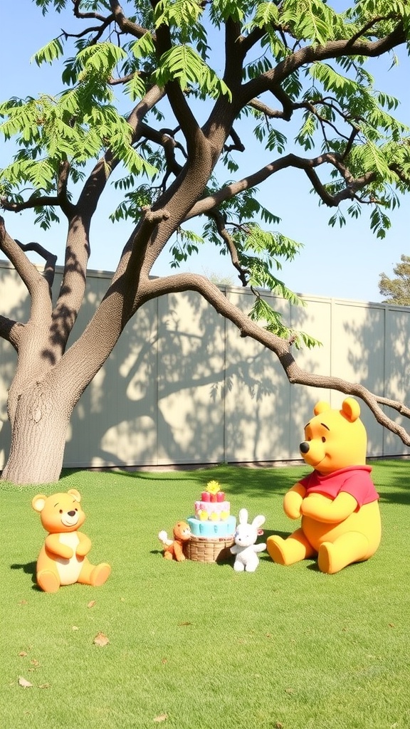Winnie the Pooh and friends celebrating with a cake in a sunny outdoor setting