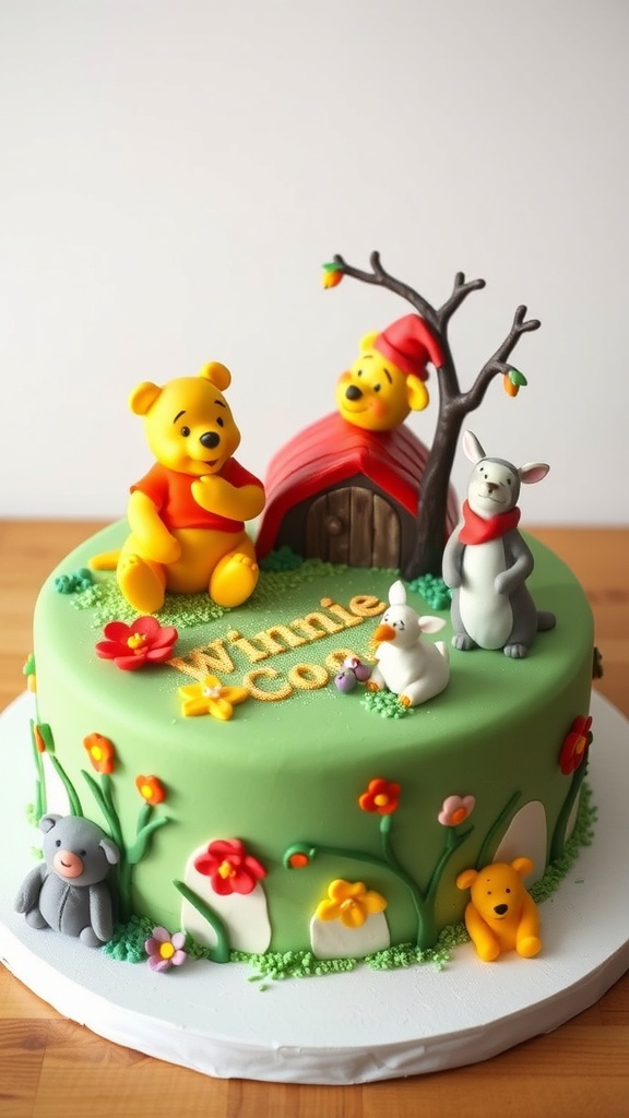A colorful Winnie the Pooh themed cake with figurines of Pooh and friends, decorated with flowers and a tree.