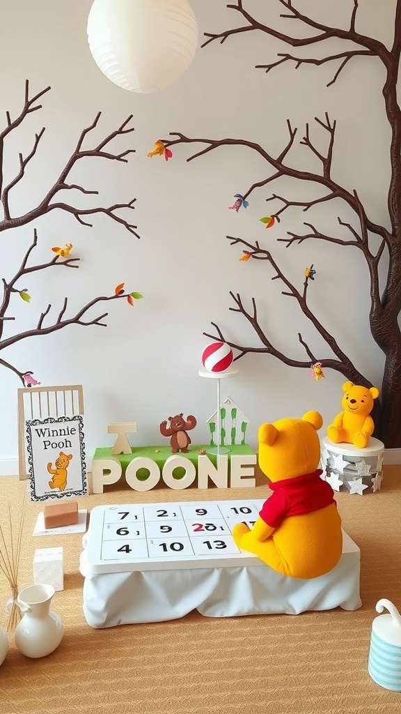 A cozy Pooh Bear themed baby shower setup with decorations and games.