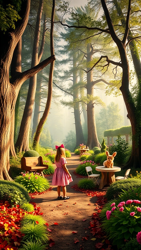 A whimsical garden scene inspired by Pooh's Hundred Acre Wood, featuring a little girl in a pink dress and a bunny at a table.