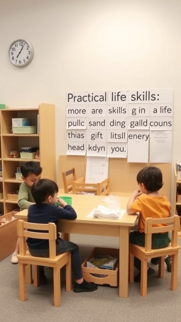 Children engaged in activities at a Practical Life Skills Station in a Montessori room.
