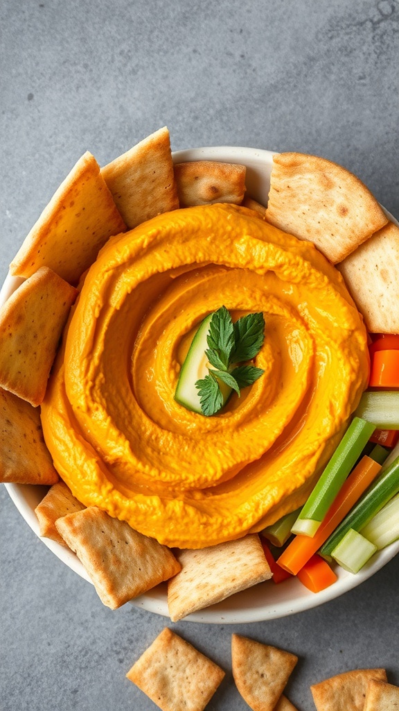 A bowl of pumpkin hummus surrounded by pita chips and fresh vegetables.