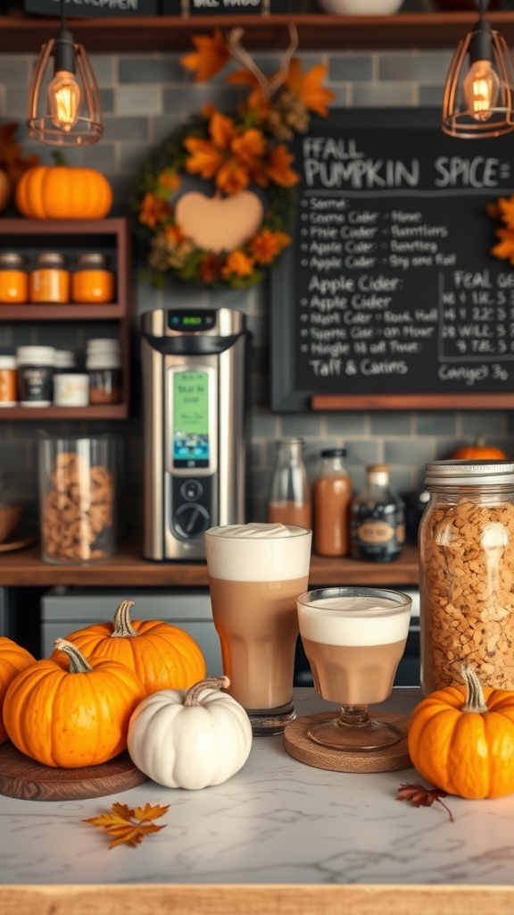 A cozy pumpkin spice beverage bar with drinks, pumpkins, and a chalkboard menu.