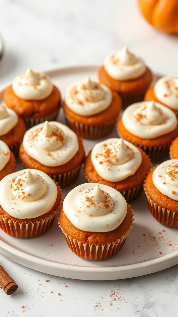 A plate of pumpkin spice mini muffins with cream cheese frosting and a sprinkle of cinnamon on top.