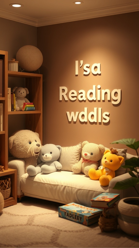 A cozy reading nook for toddlers with plush toys and books.