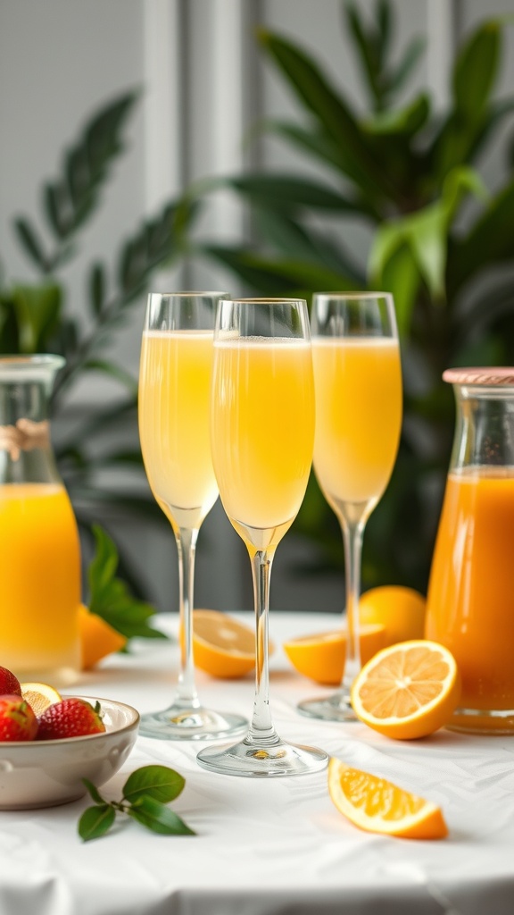 A refreshing mimosa bar with flutes of orange mimosa, fresh fruits, and juice bottles.