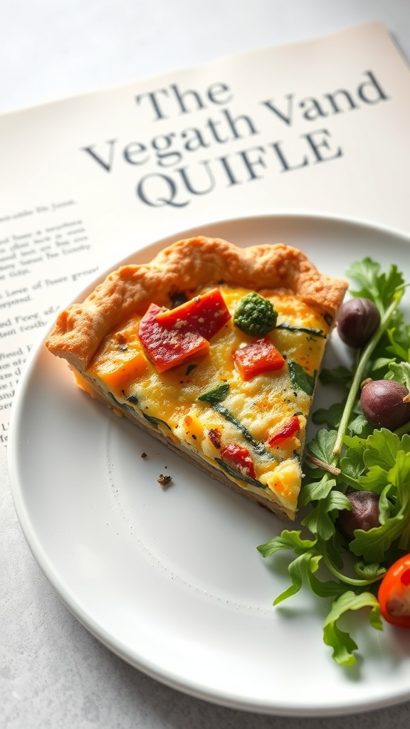 A slice of roasted vegetable quiche on a plate, accompanied by greens and olives, with a cookbook in the background.