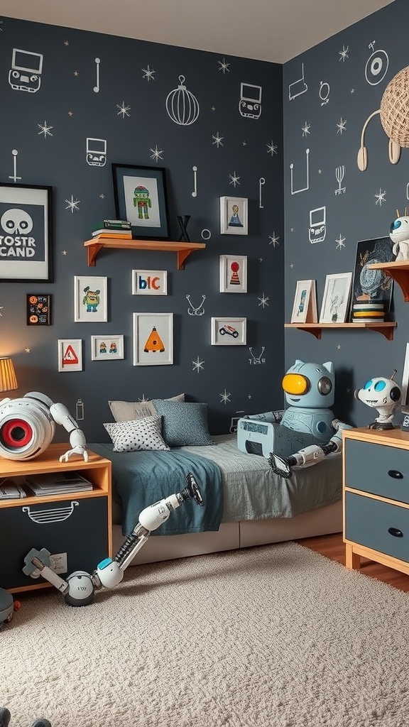 A toddler's bedroom designed as a robot workshop, featuring blue walls with robot illustrations, cozy bedding, and interactive robot toys.