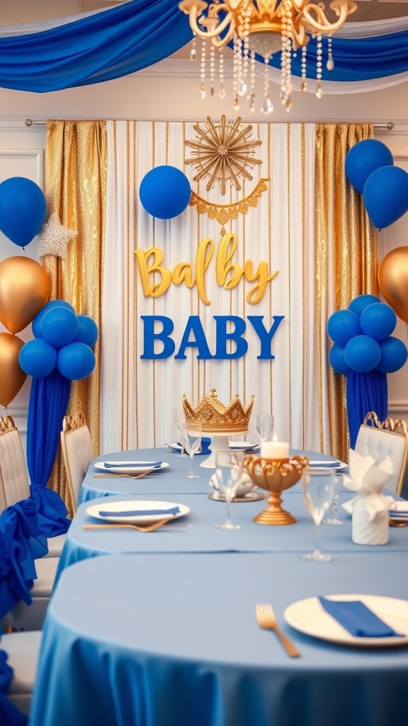 A beautifully decorated baby shower space with blue and gold colors, featuring a crown centerpiece and festive balloons.