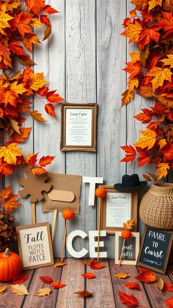 Rustic photo booth with autumn leaves, pumpkins, and playful props for a fall baby shower.