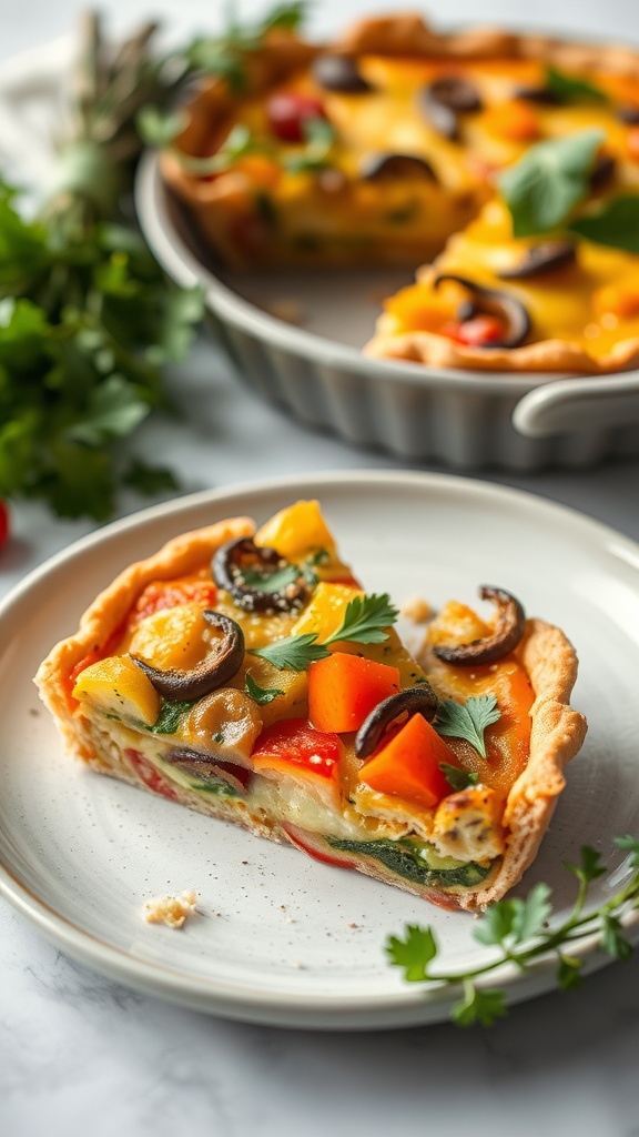 A slice of savory quiche with seasonal vegetables on a plate, garnished with fresh herbs.