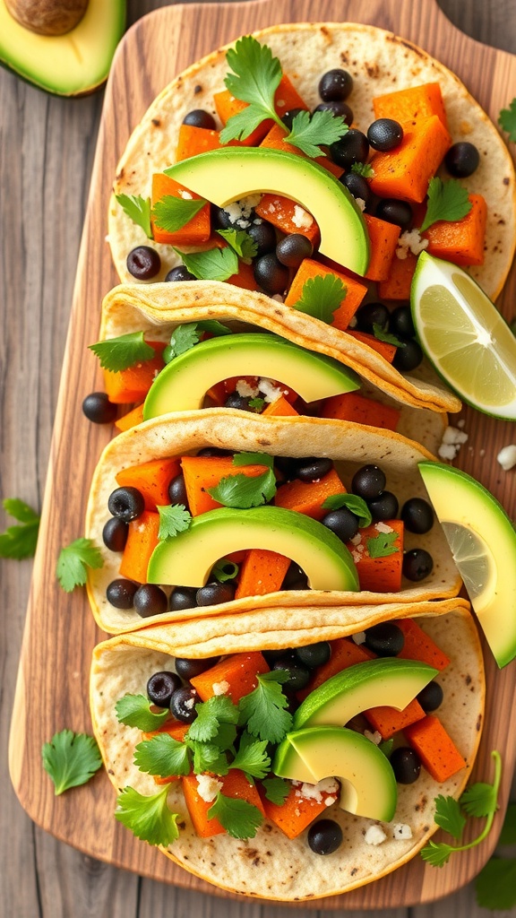 Three savory sweet potato and black bean tacos topped with avocado and cilantro on a wooden board.