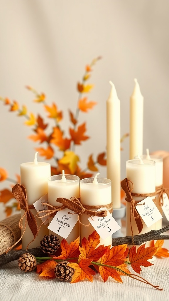 An arrangement of scented candles with autumn decorations, showcasing a cozy fall theme.
