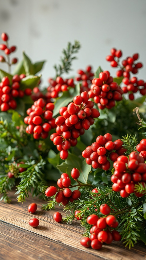 A close-up of vibrant red berries surrounded by green leaves on a wooden table.