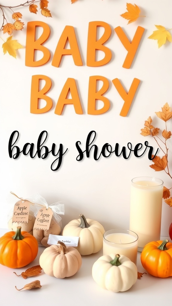 A baby shower setup featuring pumpkins, candles, and favor tags.