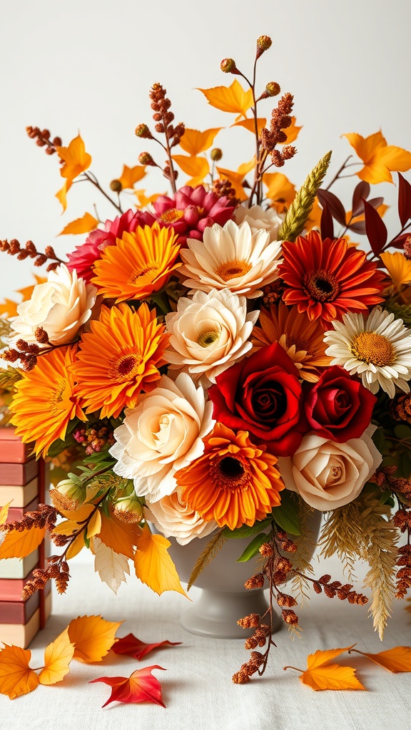 A vibrant floral arrangement featuring orange, red, and cream flowers with autumn leaves.
