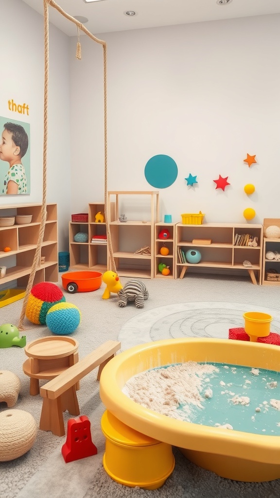 A colorful sensory play area for toddlers featuring a sand and water table, soft balls, and a swing.