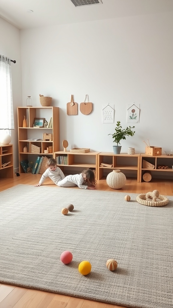 Children playing in a sensory area with colorful balls and natural materials.