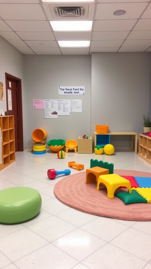 A colorful shared play area for babies and toddlers with soft flooring and various toys.