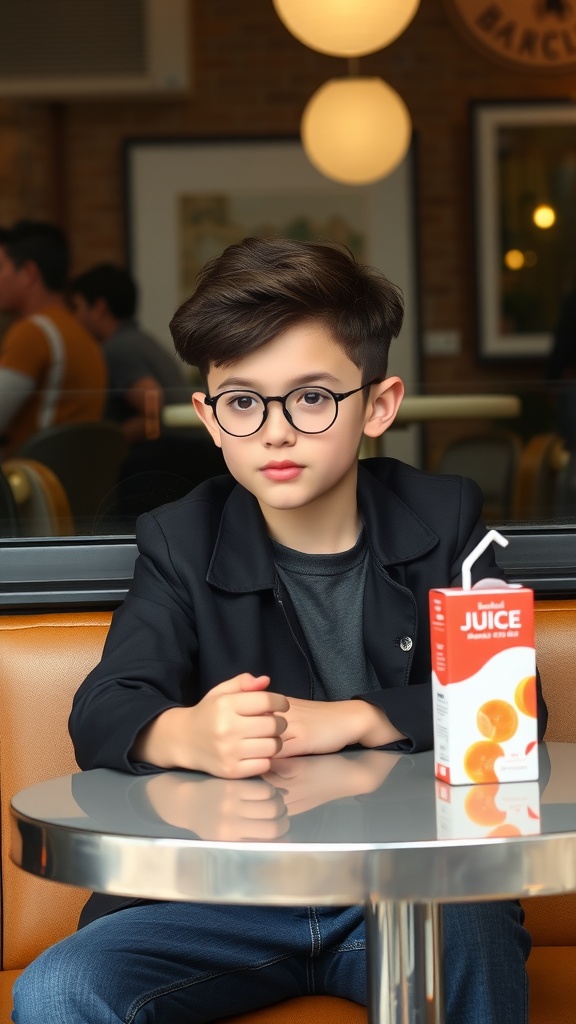 A young boy with a side part hairstyle, wearing glasses and sitting at a table with a juice box.