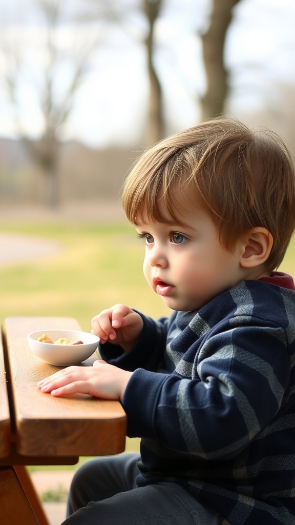 A toddler boy with side swept bangs sitting at a table, looking at a bowl of snacks.