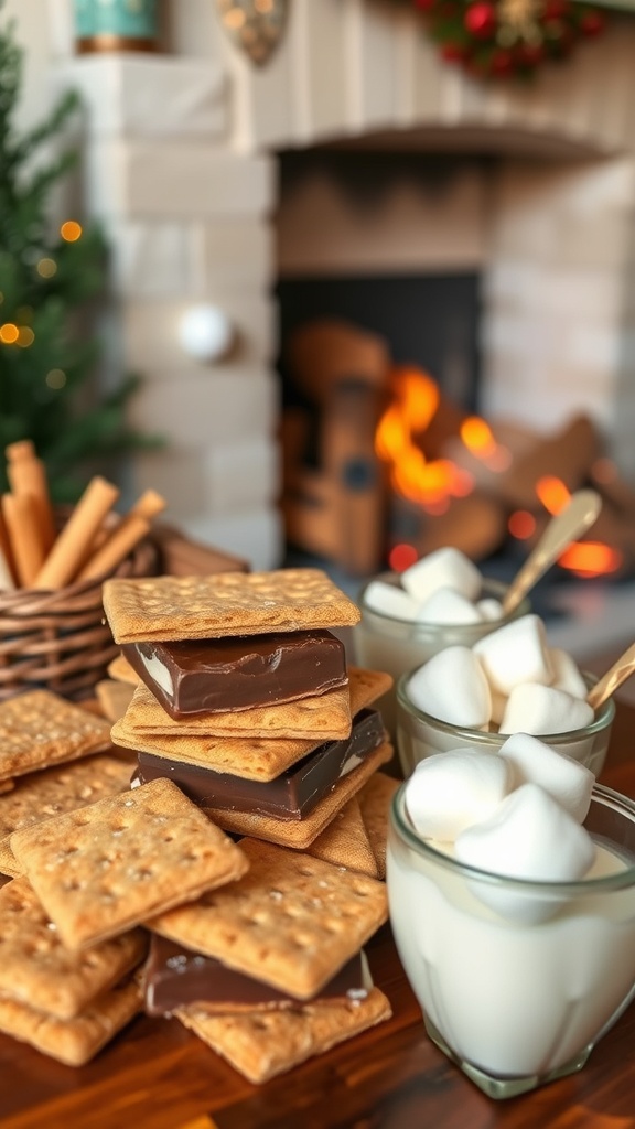 A cozy s'mores station with graham crackers, chocolate, marshmallows, and a fireplace in the background.
