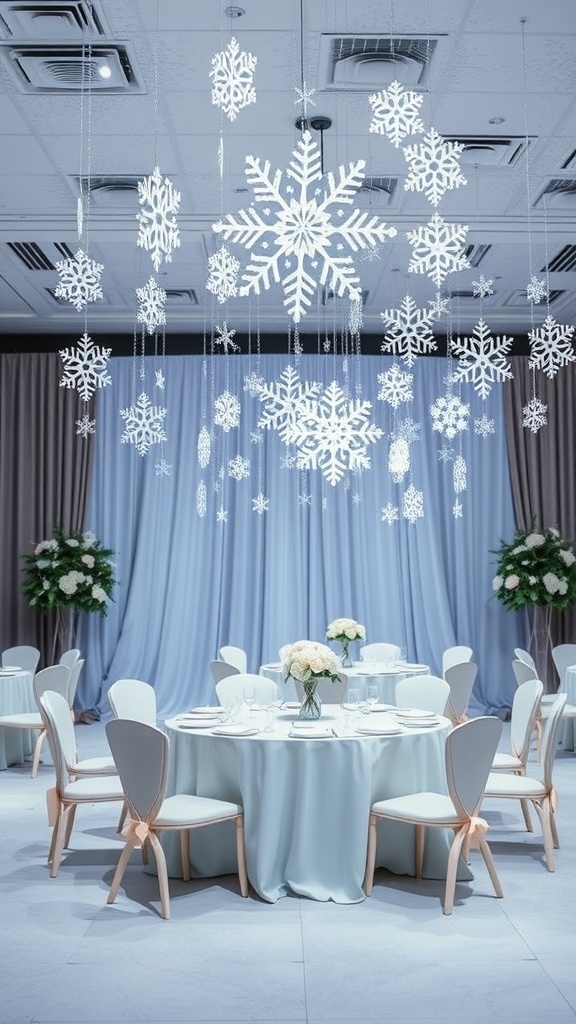 A beautifully decorated winter baby shower with hanging snowflakes and light blue table settings.