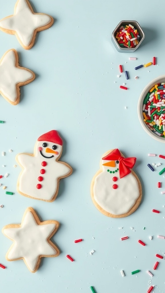 Decorated snowman cookies with colorful icing and sprinkles on a light blue background.