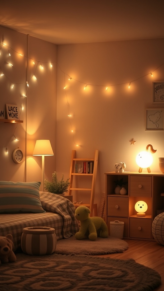 A cozy toddler room with soft lighting, featuring fairy lights, a night light, and a comfortable bed.