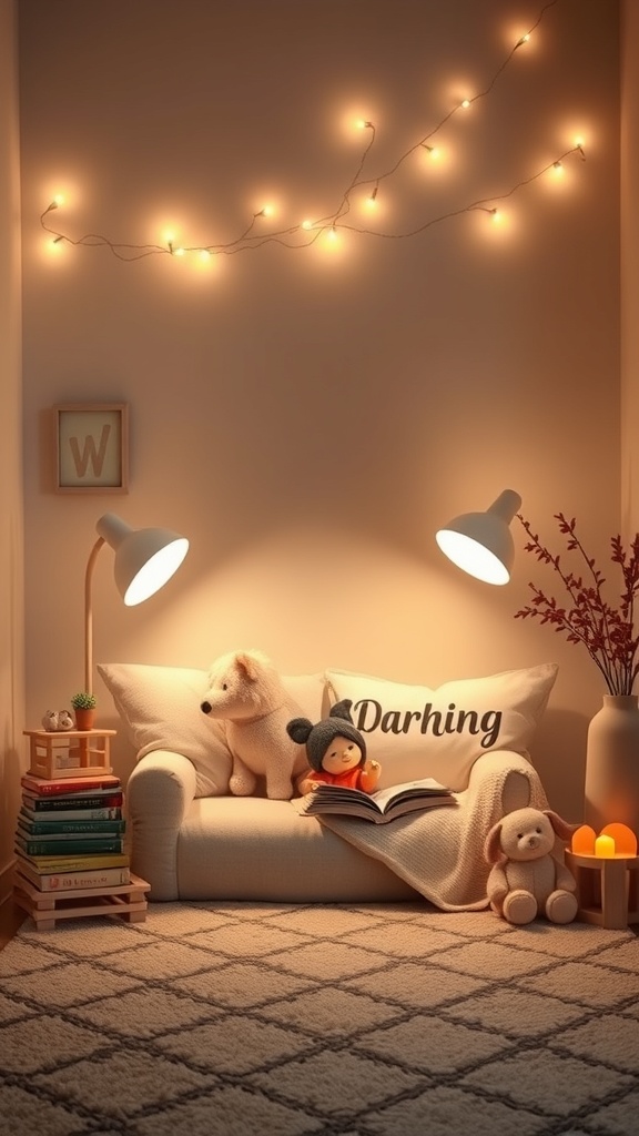 A cozy toddler reading nook with soft lighting, a plush couch, and stuffed animals.