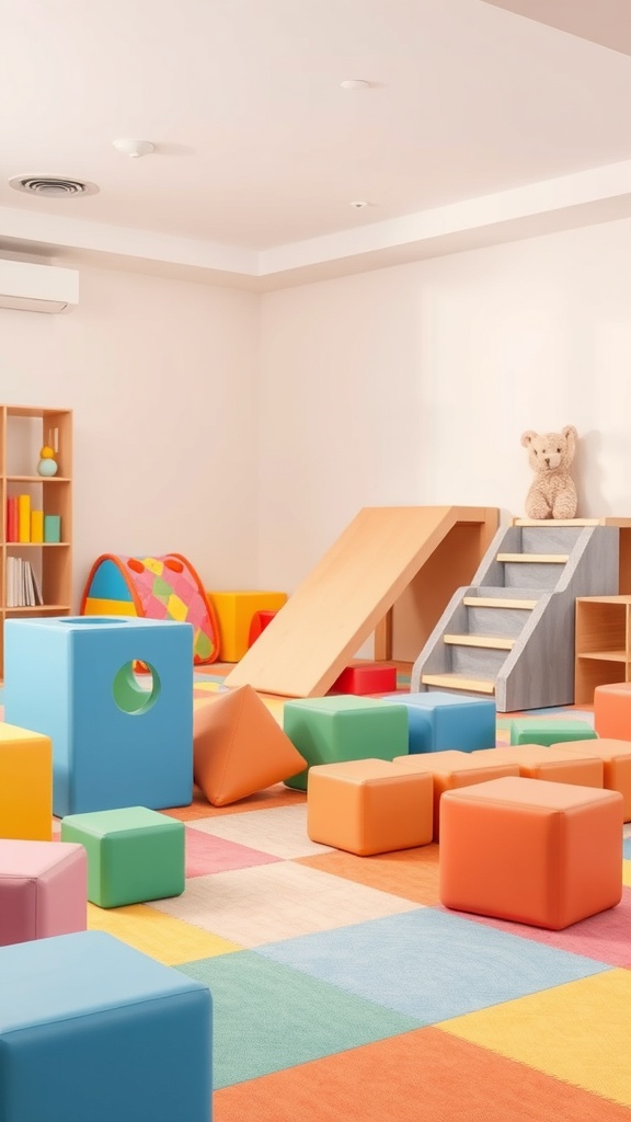 A colorful toddler playroom featuring soft play equipment including foam blocks, a slide, and a cozy area for play.