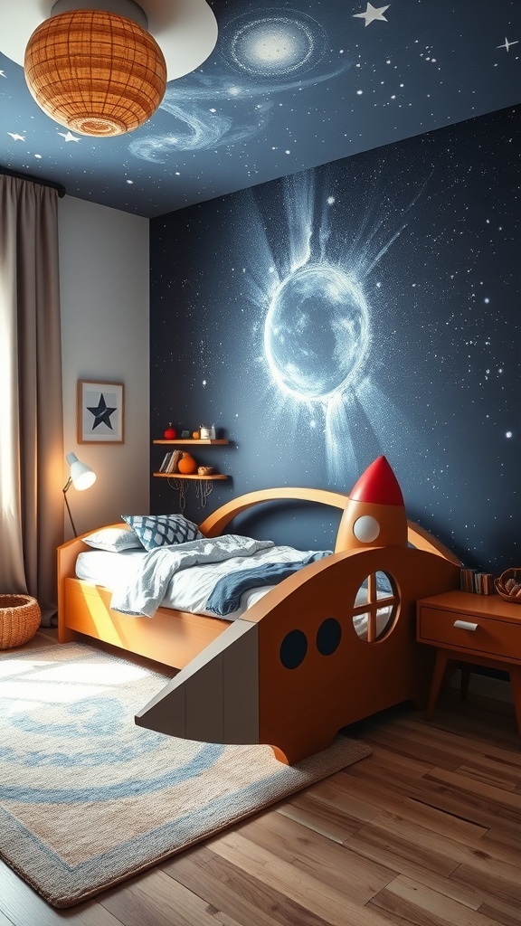 A toddler's bedroom designed as a space explorer's galaxy room, featuring a rocket-shaped bed and cosmic mural.