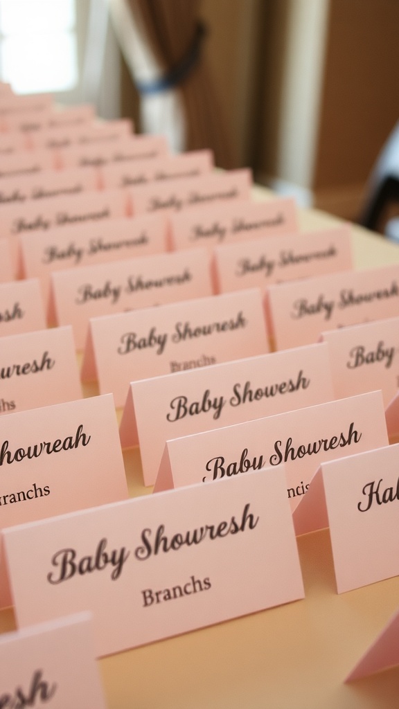 A table displaying personalized name tags for a baby shower brunch, featuring elegant fonts on soft pink cards.