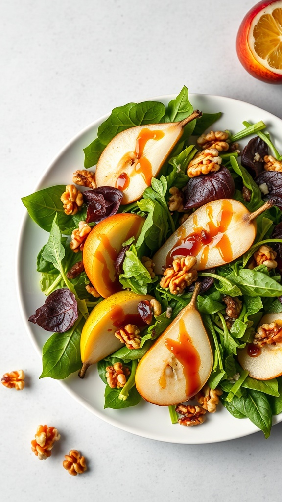 A plate of spiced pear and walnut salad with sliced pears, walnuts, and greens