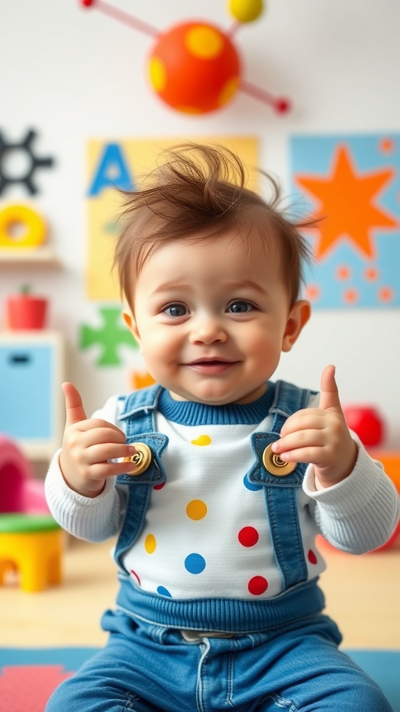 A happy toddler boy with spiky hair, wearing a colorful outfit and sitting in a playful environment.