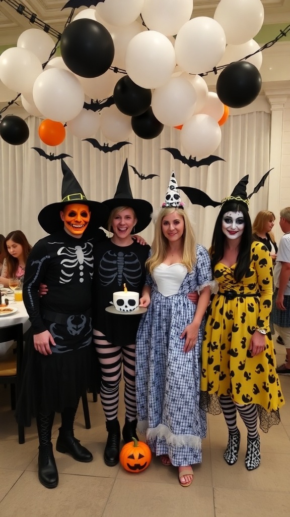 A group of friends in Halloween costumes at a baby shower, featuring skeleton, witch, and pumpkin themes with festive decorations.