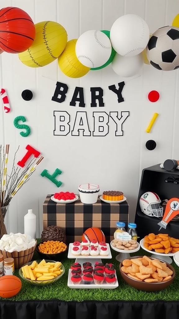 A colorful sports-themed baby shower setup with balloons, snacks, and a 'BARY BABY' banner.