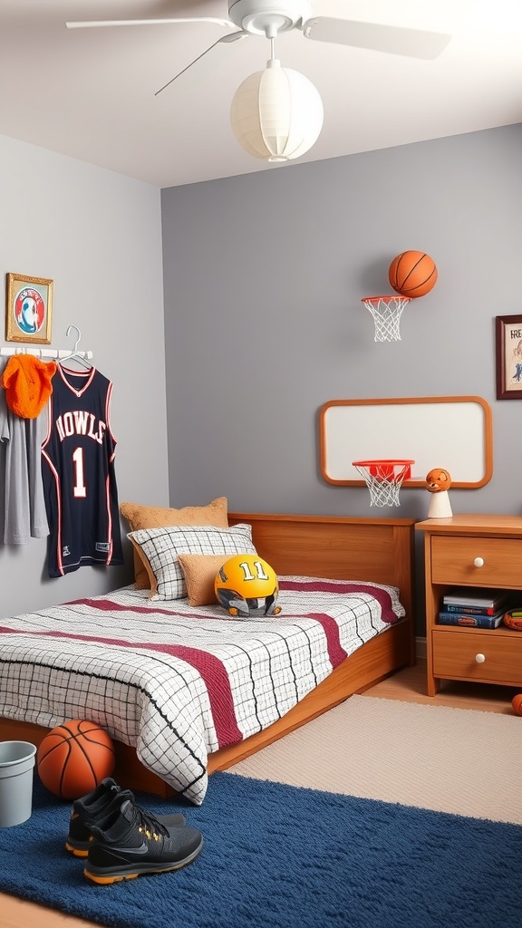 A toddler boy's bedroom designed for a sports fan, featuring a basketball hoop, jersey, and sports equipment.